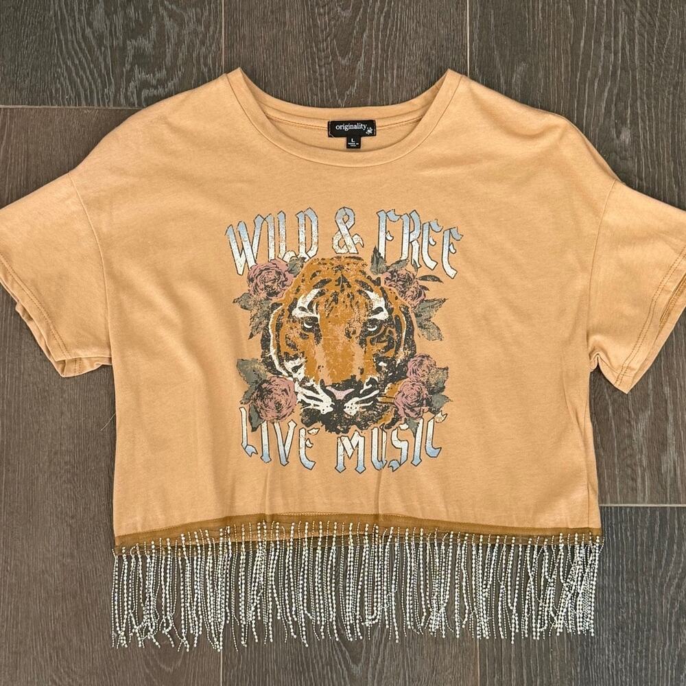 Originality Girls Wild & Free Tiger Graphic Beaded Rhinestone Fringe Top L NWOT